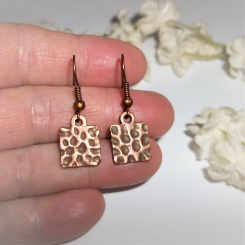 Boho Copper Earrings Dangle Hammered Metal Square Minimalist Style Dangle 3683 - Picture 7 of 7